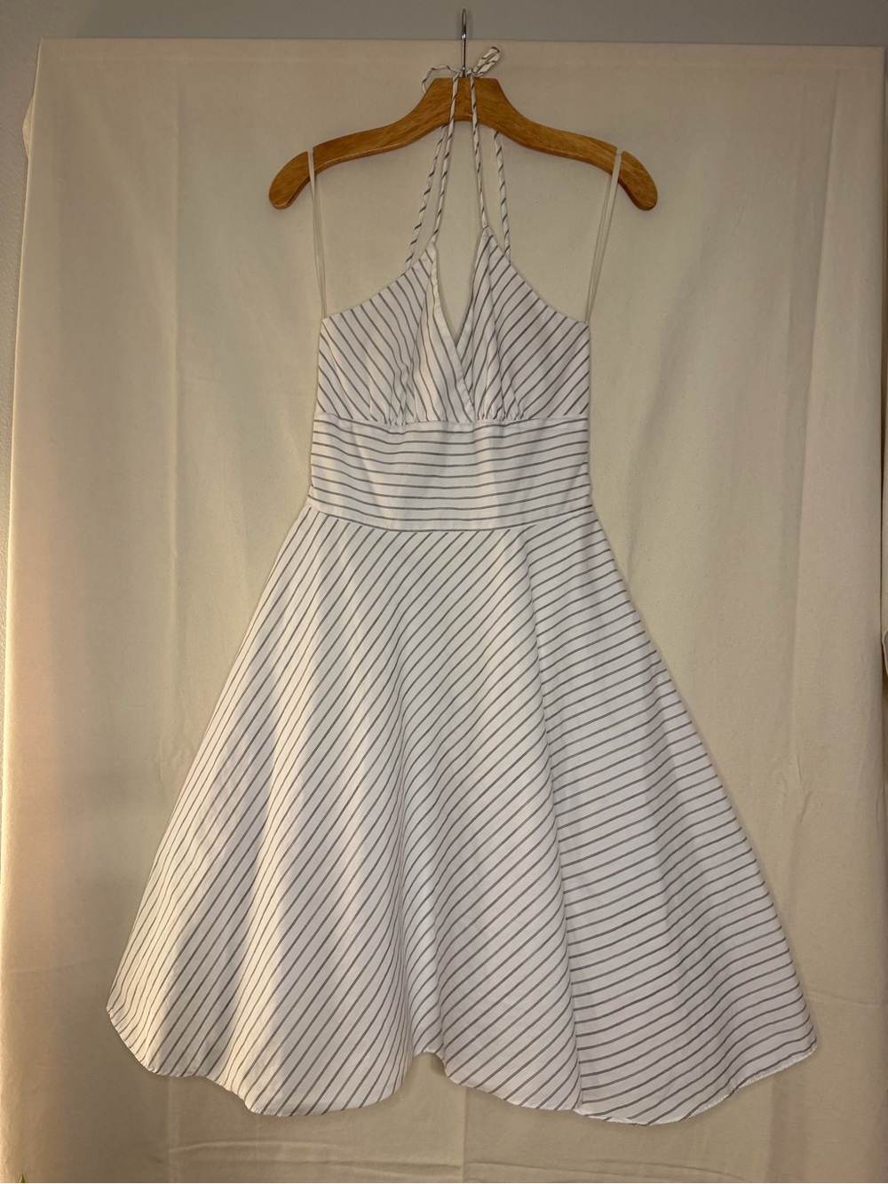 White and Black Striped Halter Fit-and-Flare Dress